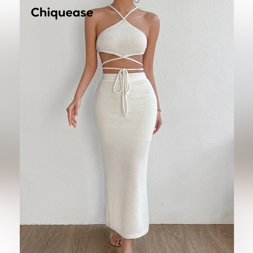 Two piece white wrap around outfit